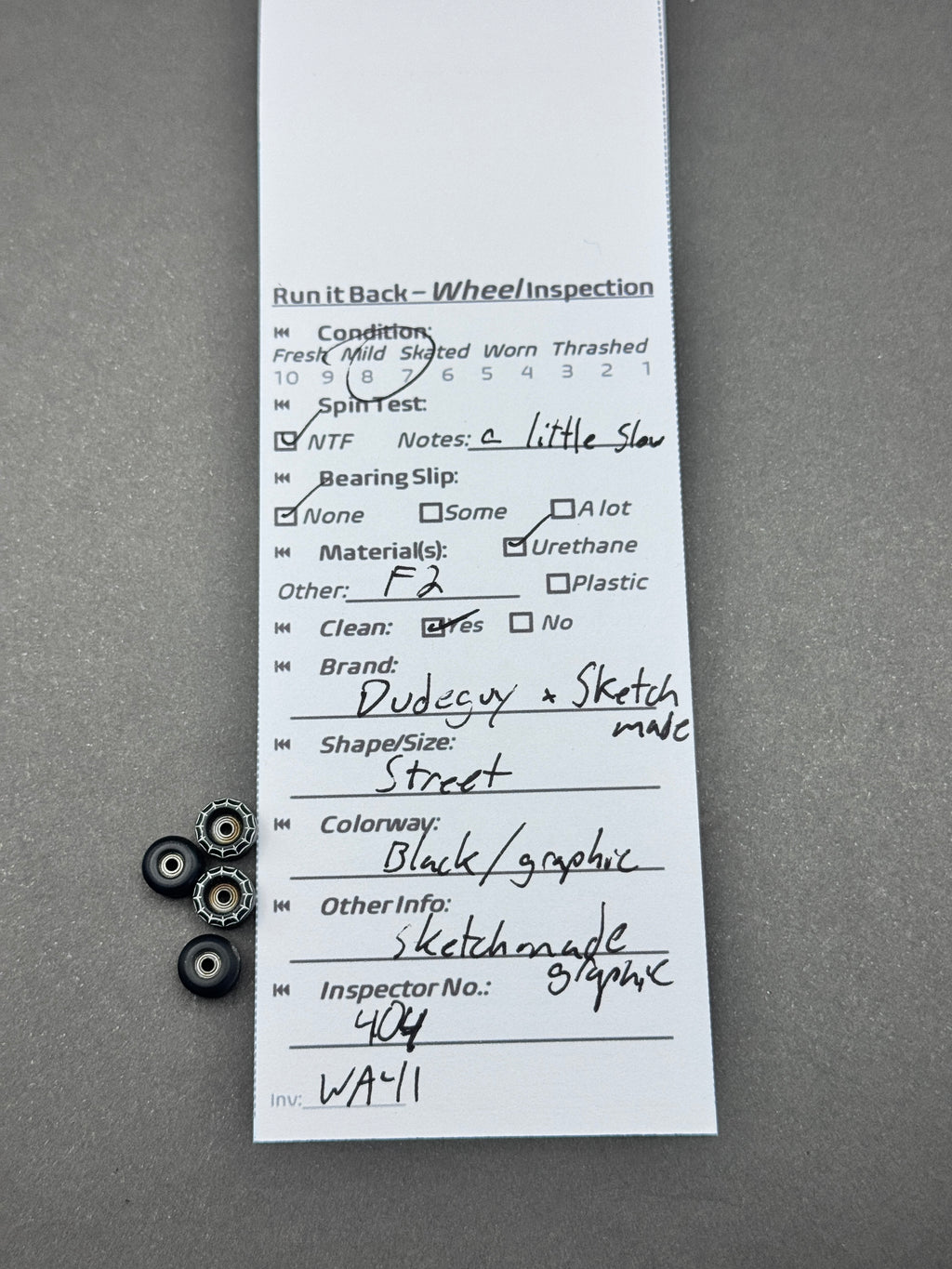 Dudeguy x Sketchmade Street Black Graphic fingerboard wheels inspection card