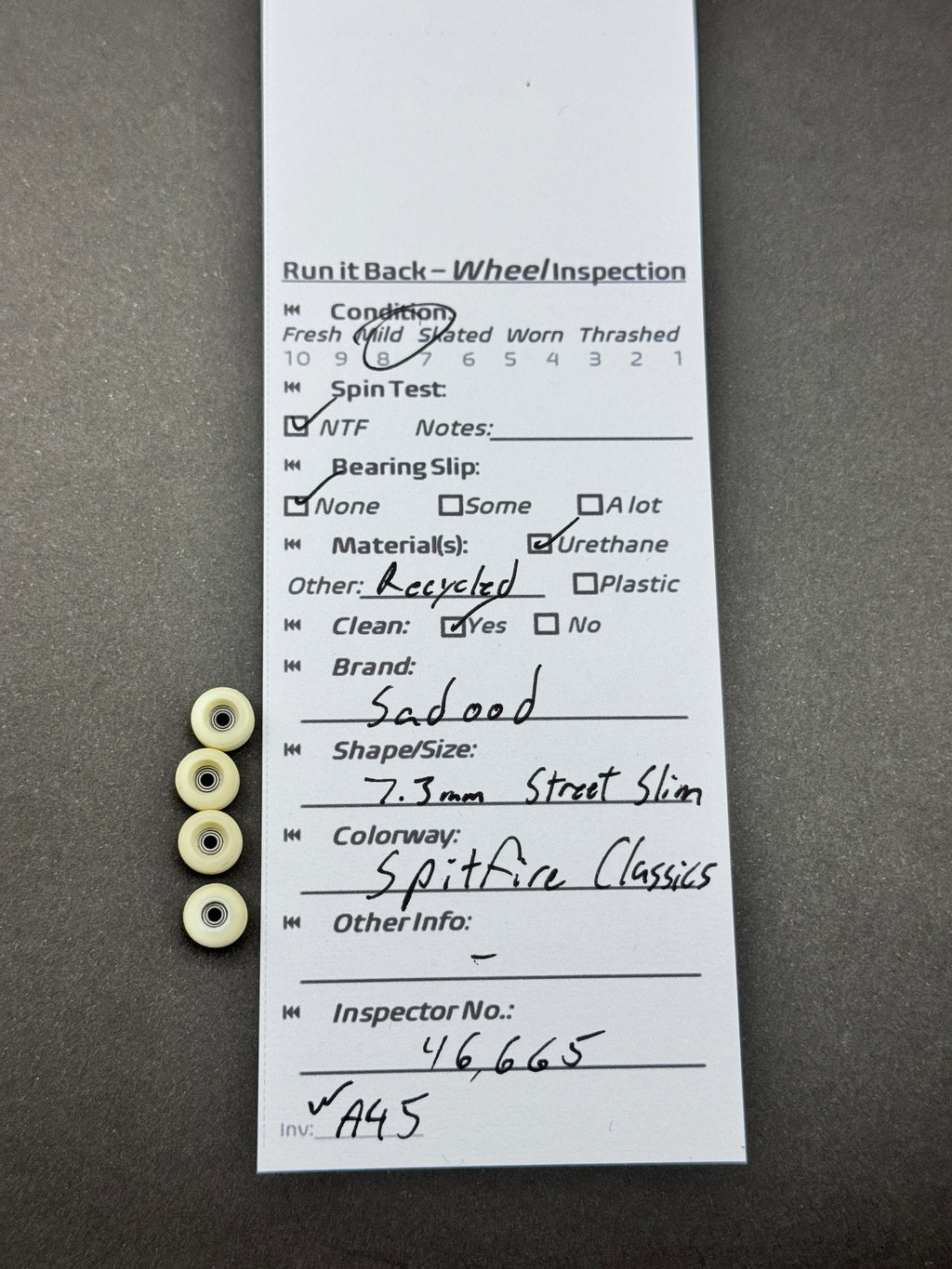 Sadood 7.3mm Street Slim Spitfire Classics fingerboard wheels inspection card