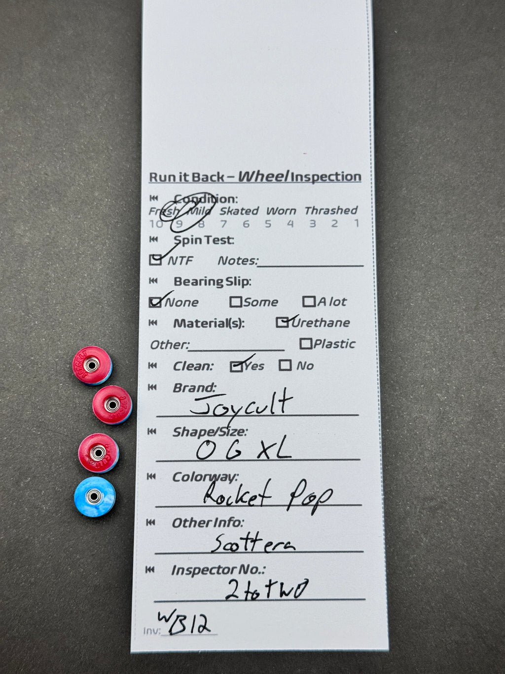 Joycult OG XL Rocket Pop fingerboard wheels inspection card