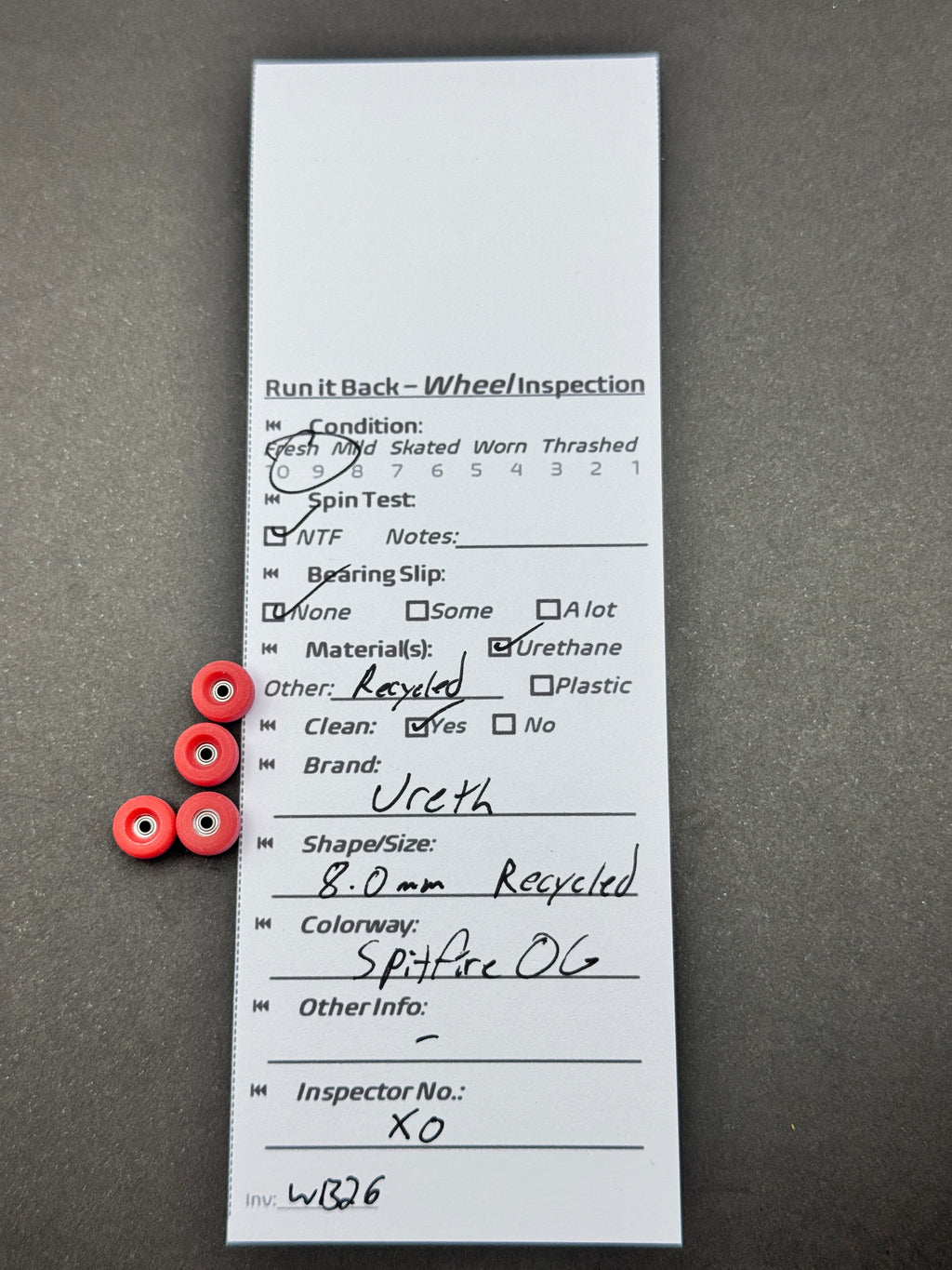 Ureth 8.0mm Recycled Spitfire OG fingerboard wheels inspection card