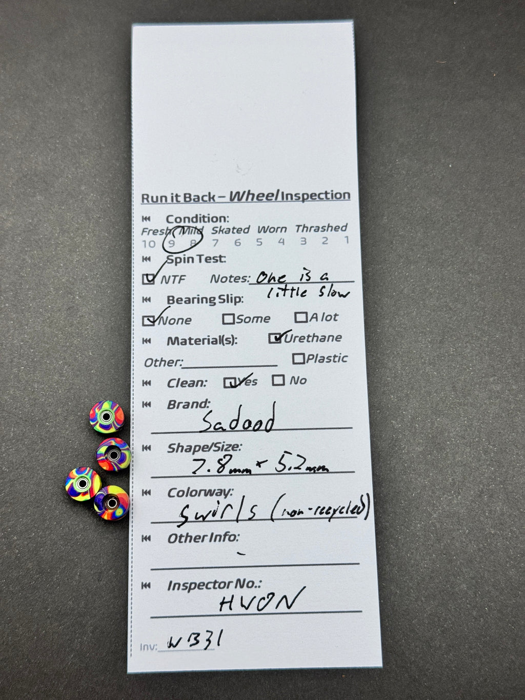 Sadood 7.8mm x 5.2mm Swirls fingerboard wheels inspection card
