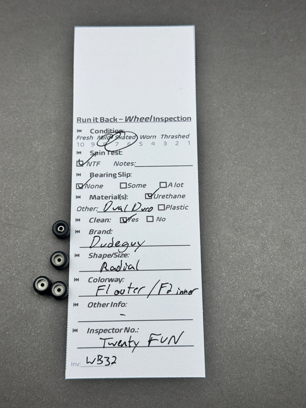 Dudeguy Radial F1 Outer F2 Inner fingerboard wheels inspection card