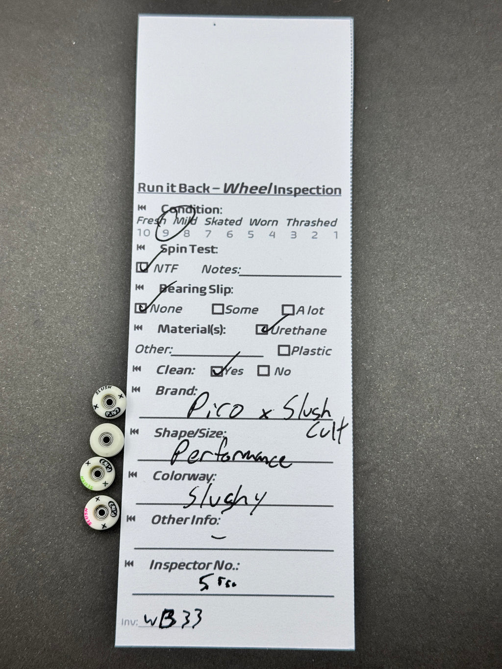 Pico x Slush Cult Performance Slushy fingerboard wheels inspection card