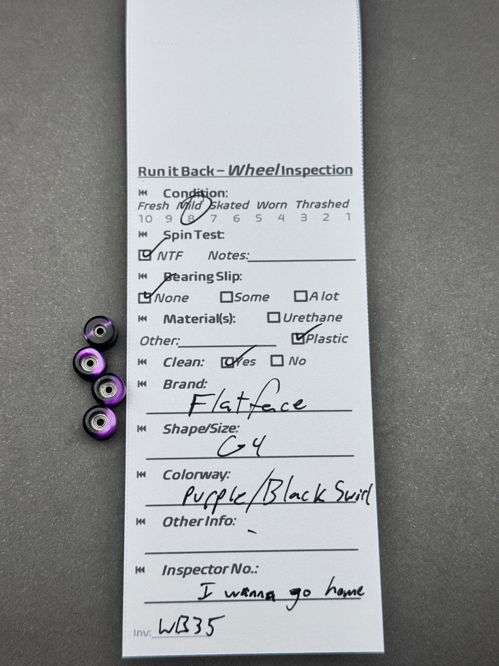 Flatface G4 Purple Black Swirl fingerboard wheels inspection card