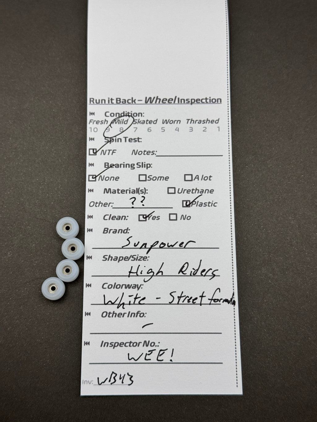 Sunpower High Riders White Street Formula fingerboard wheels inspection card