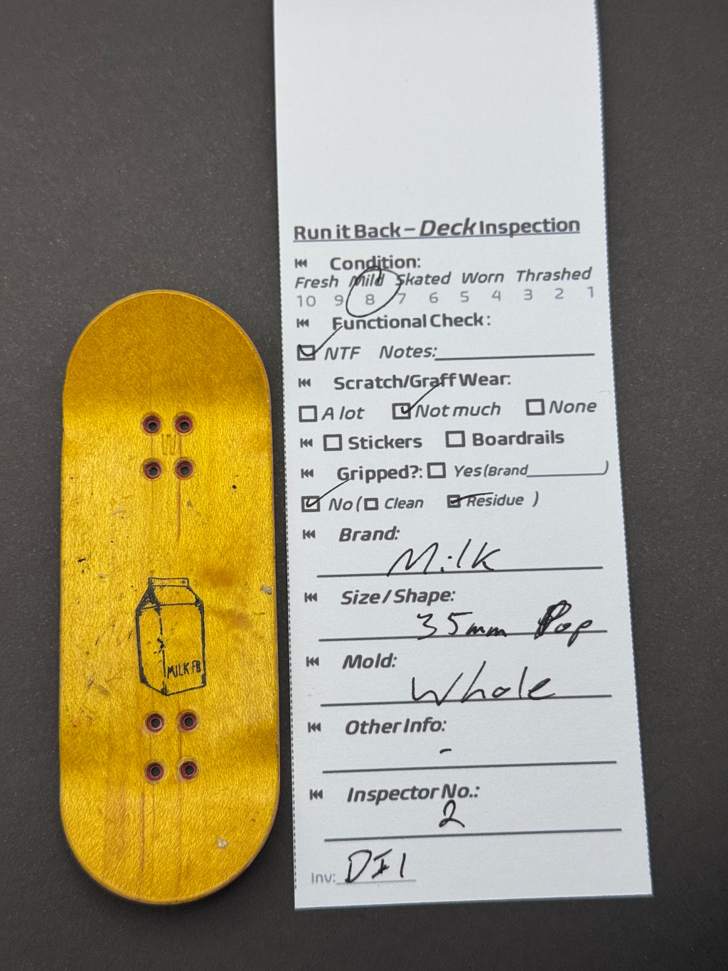 Milk deck inspection card