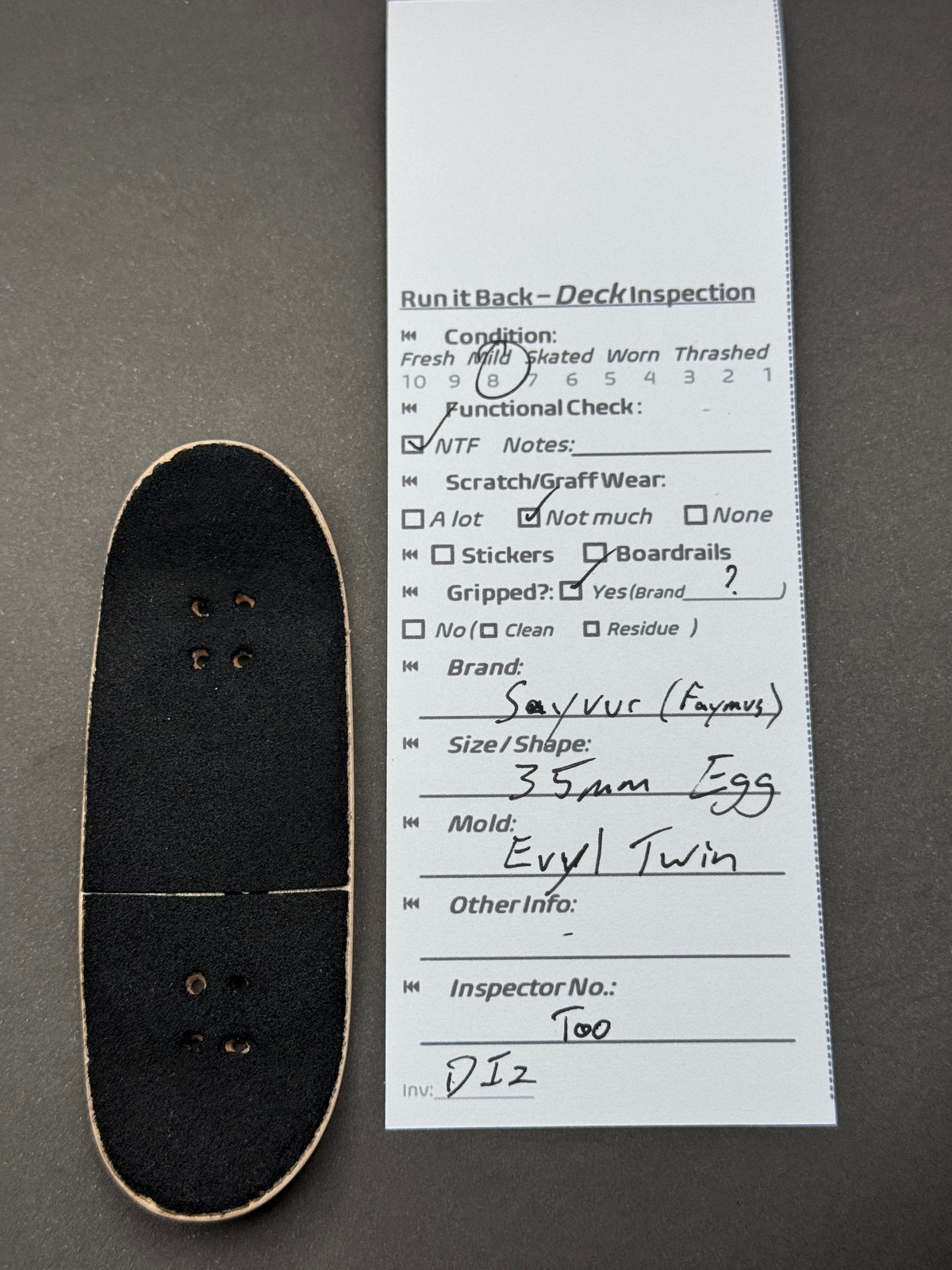 Sawyer Faymus deck inspection card