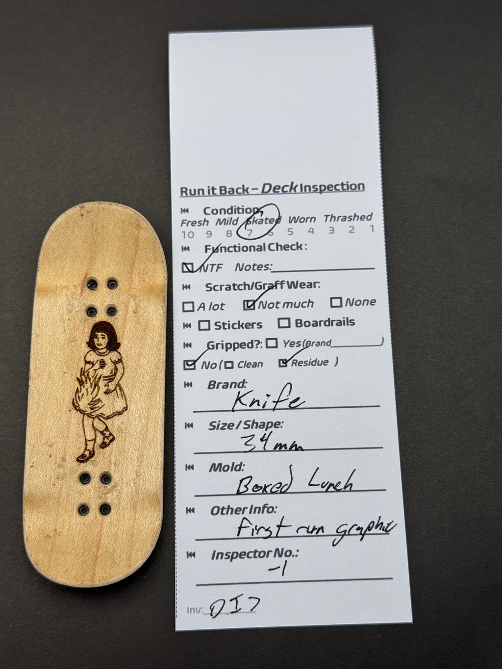 Knife deck inspection card