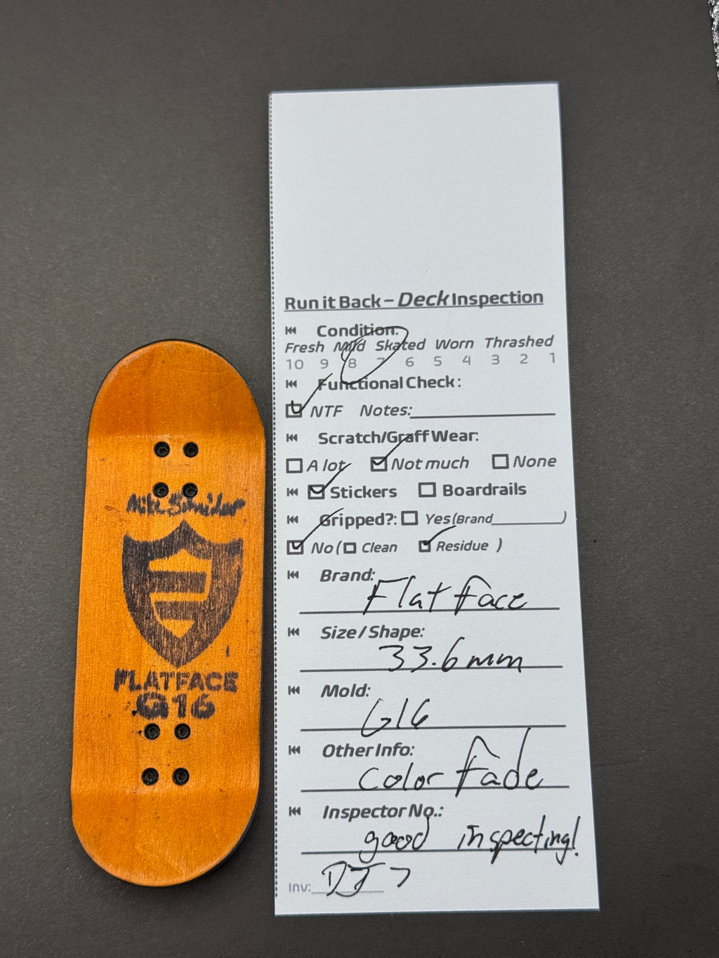 Flatface deck inspection card