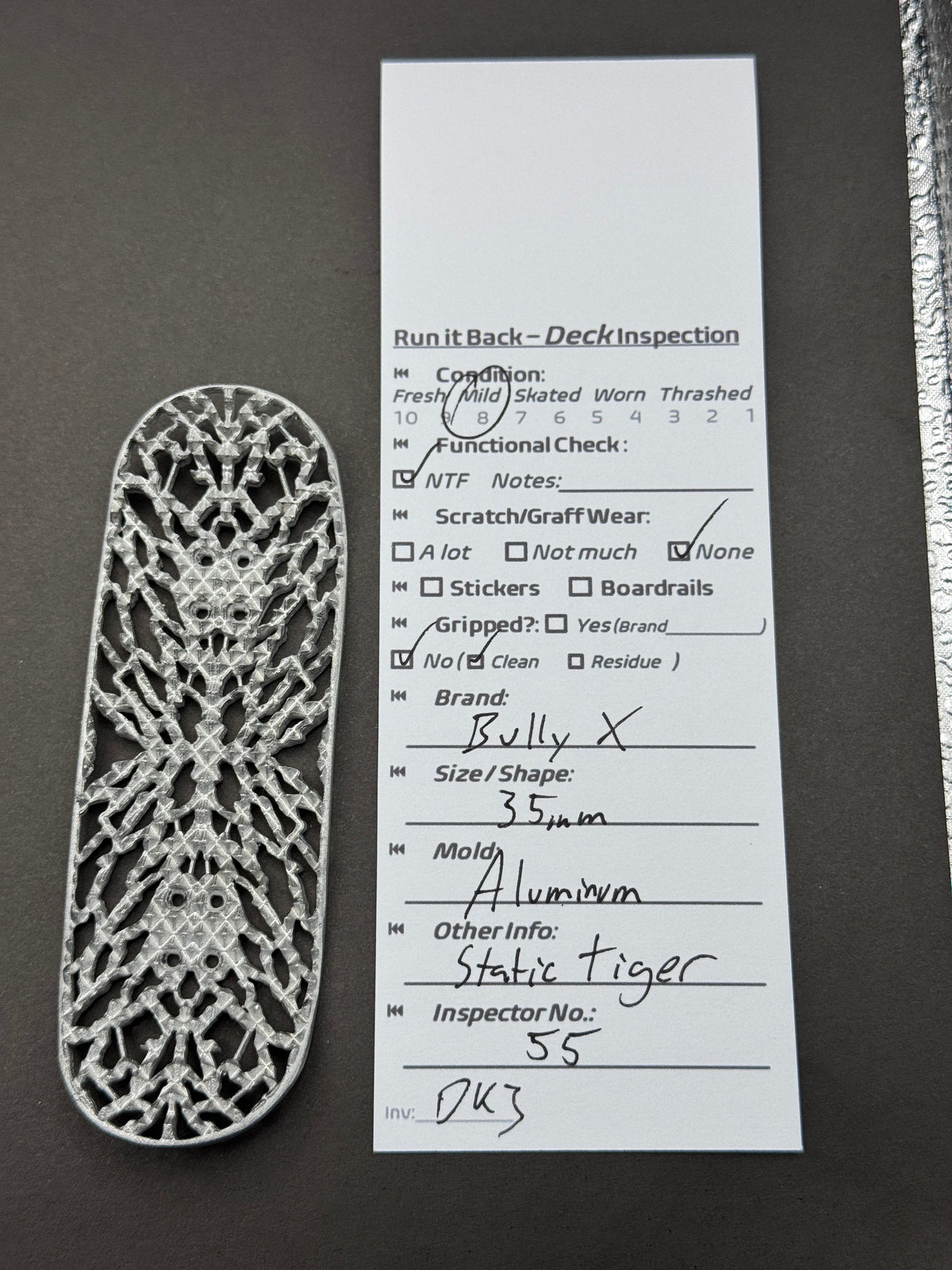 Bully X deck inspection card