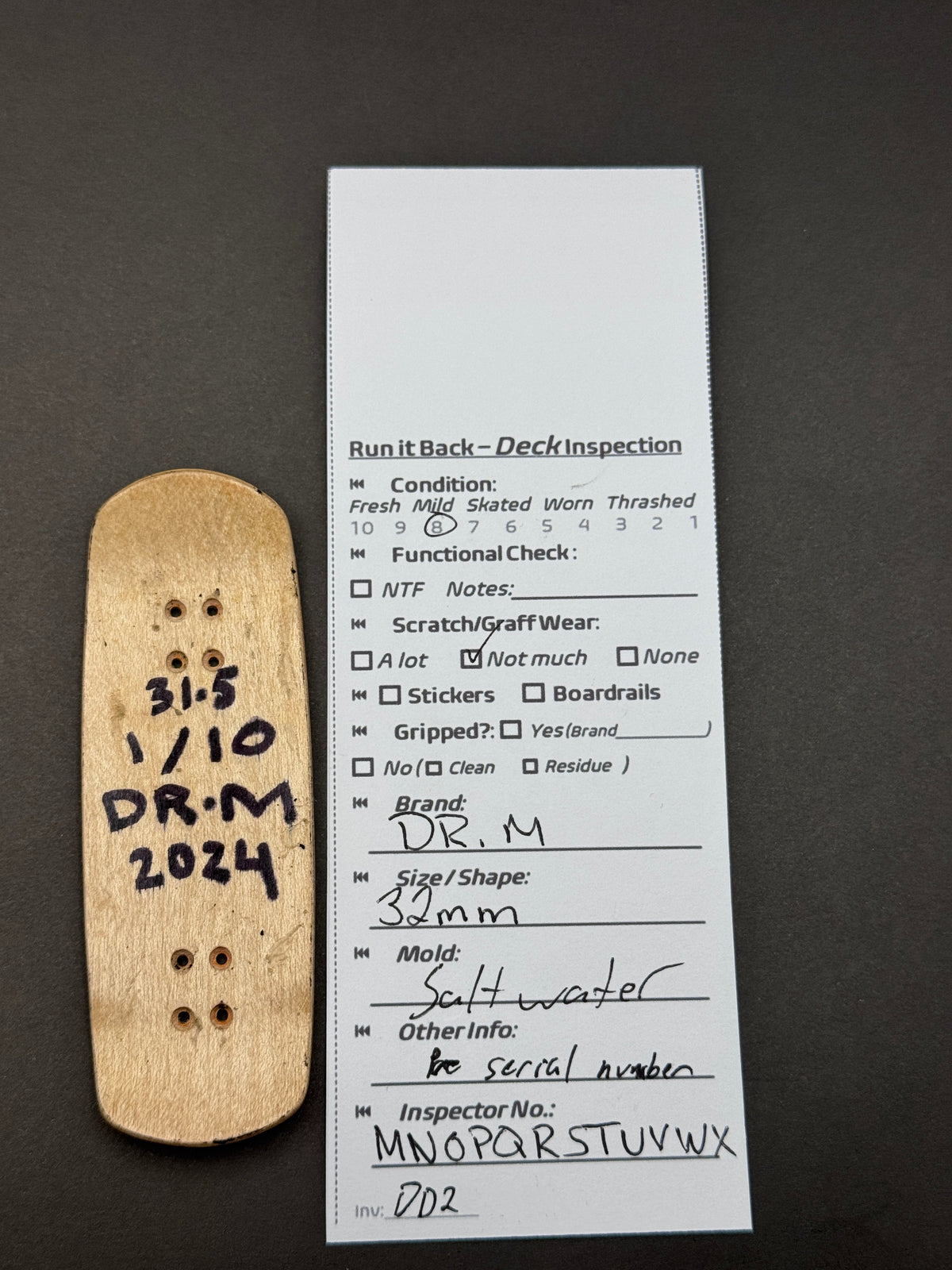 DRM 32mm Saltwater fingerboard deck inspection card