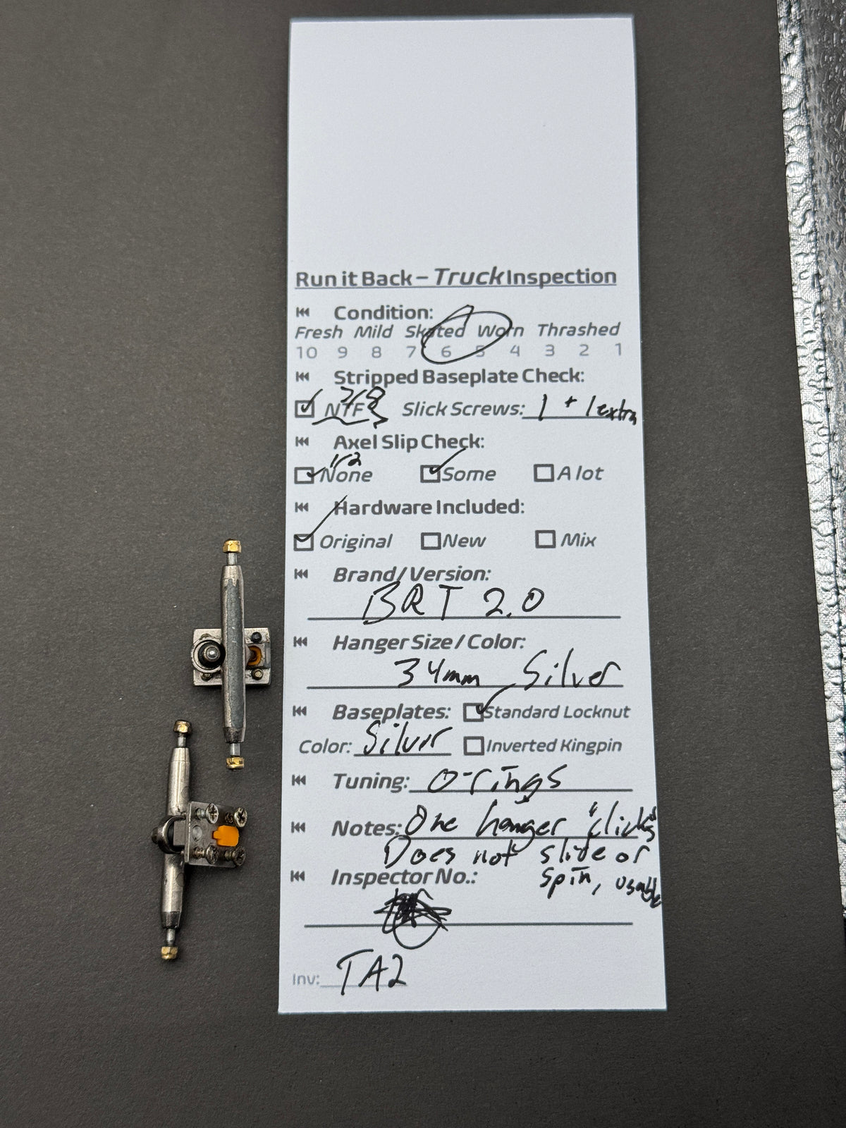 BRT 2.0 34mm silver trucks inspection card