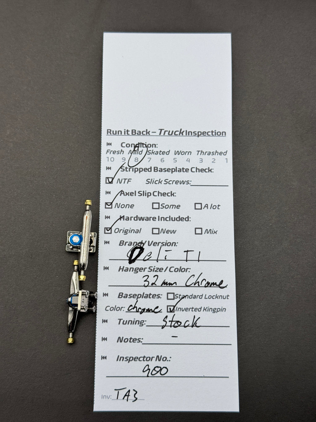 Obsius Ti 32mm chrome trucks inspection card