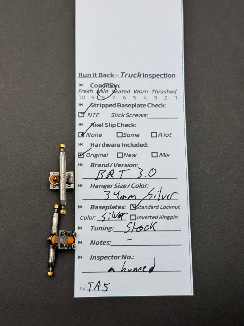BRT 3.0 34mm silver trucks inspection card