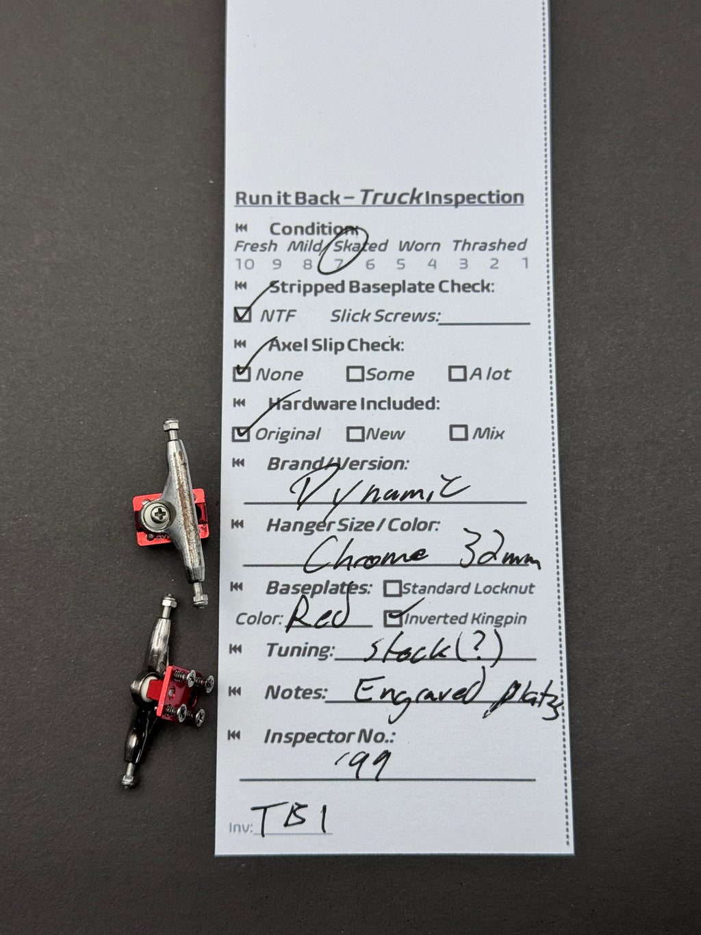 BRT 3.0 29mm black and silver trucks inspection card