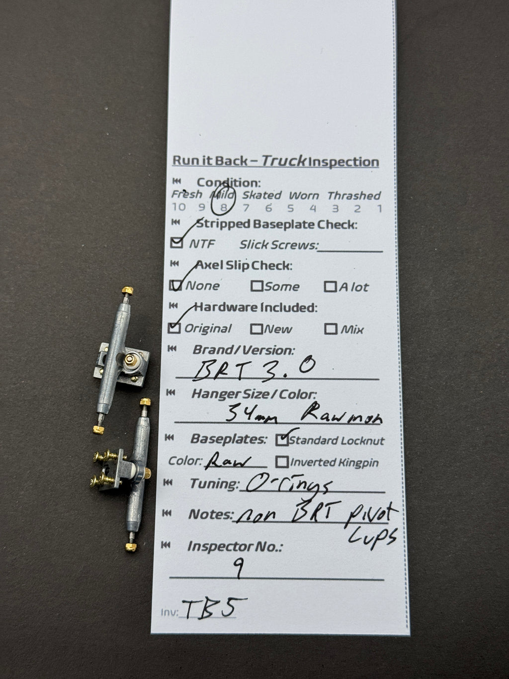 BRT 3.0 34mm raw trucks inspection card