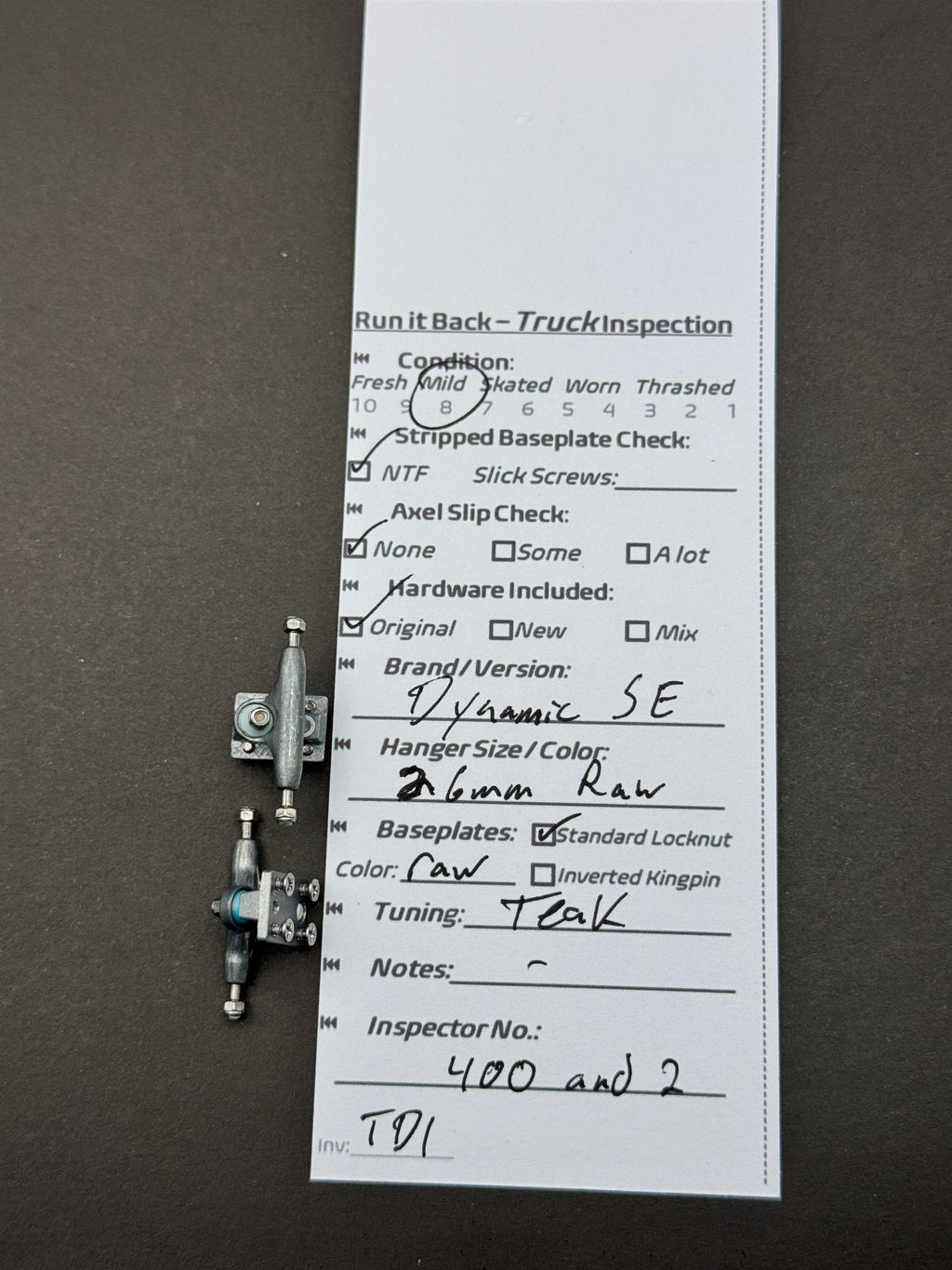 Dynamic SE 36mm raw trucks inspection card