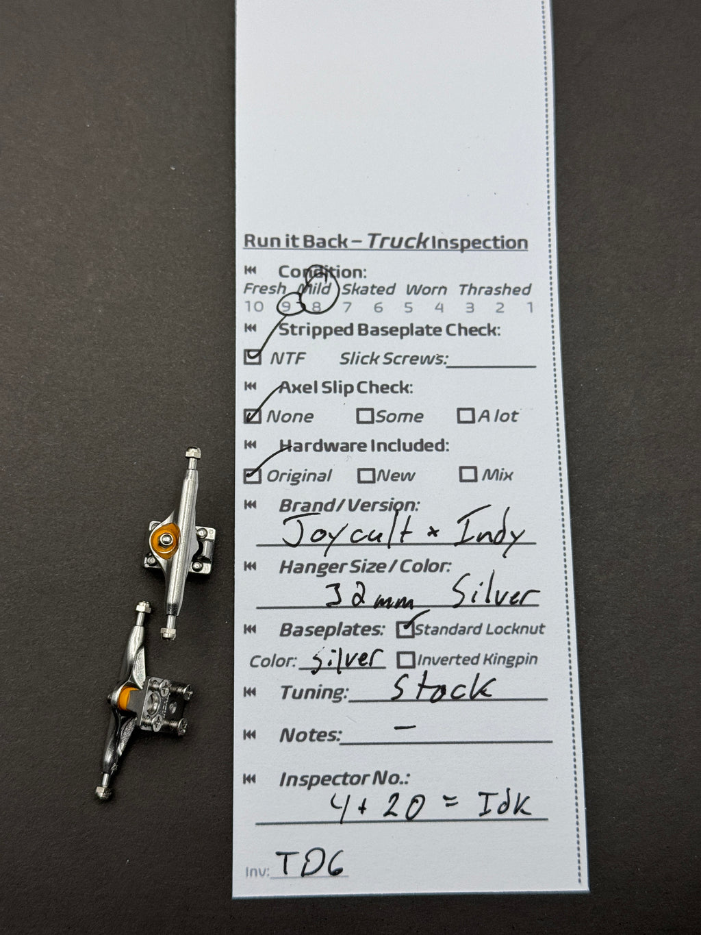 Joycult x Indy 32mm Silver trucks inspection card