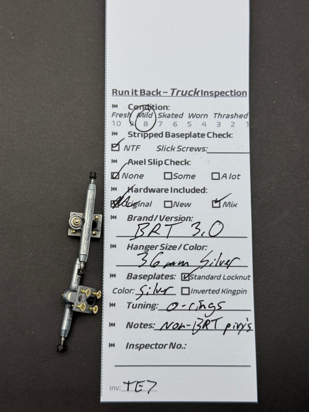 BRT 3.0 36mm Silver trucks inspection card