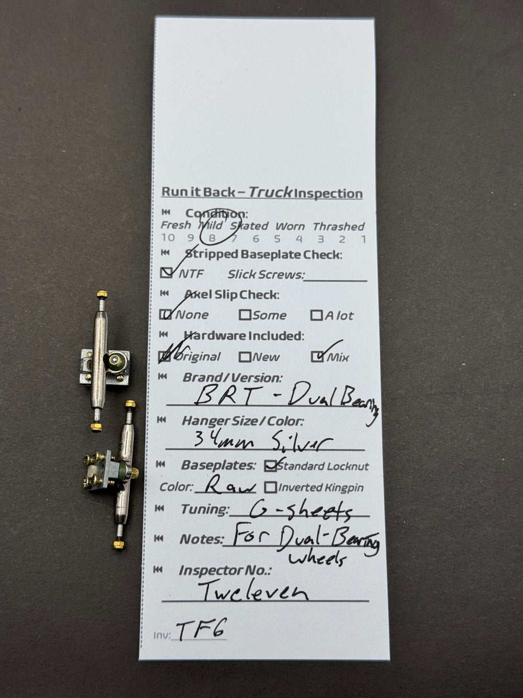 BRT Dual Bearing 34mm Silver / Raw trucks inspection card