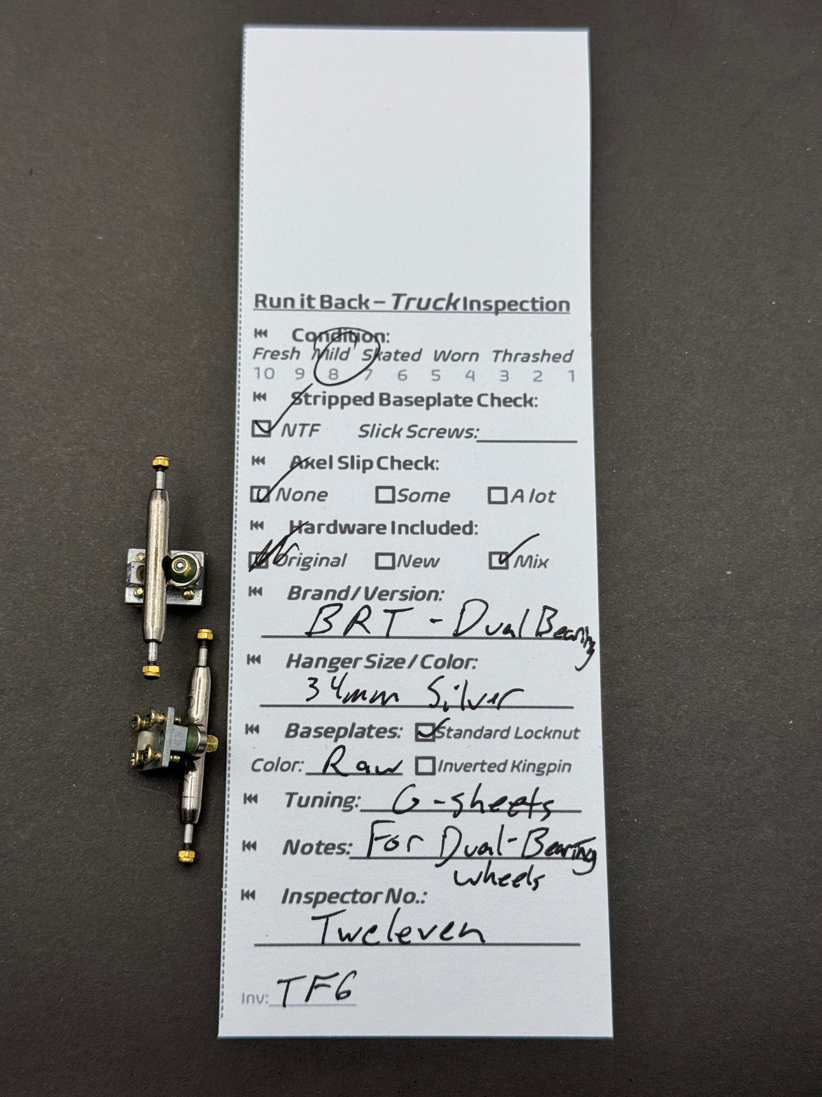BRT Dual Bearing 34mm Silver / Raw trucks inspection card
