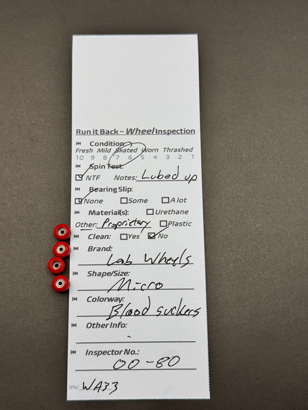 Lab Wheels Micro Blood Suckers inspection card