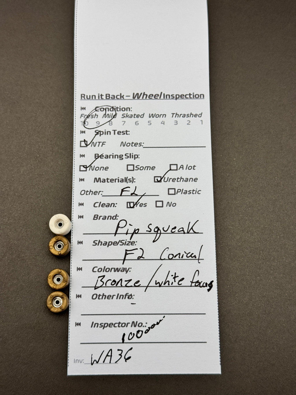 Pipsqueak F2 Conical Bronze White Fade inspection card