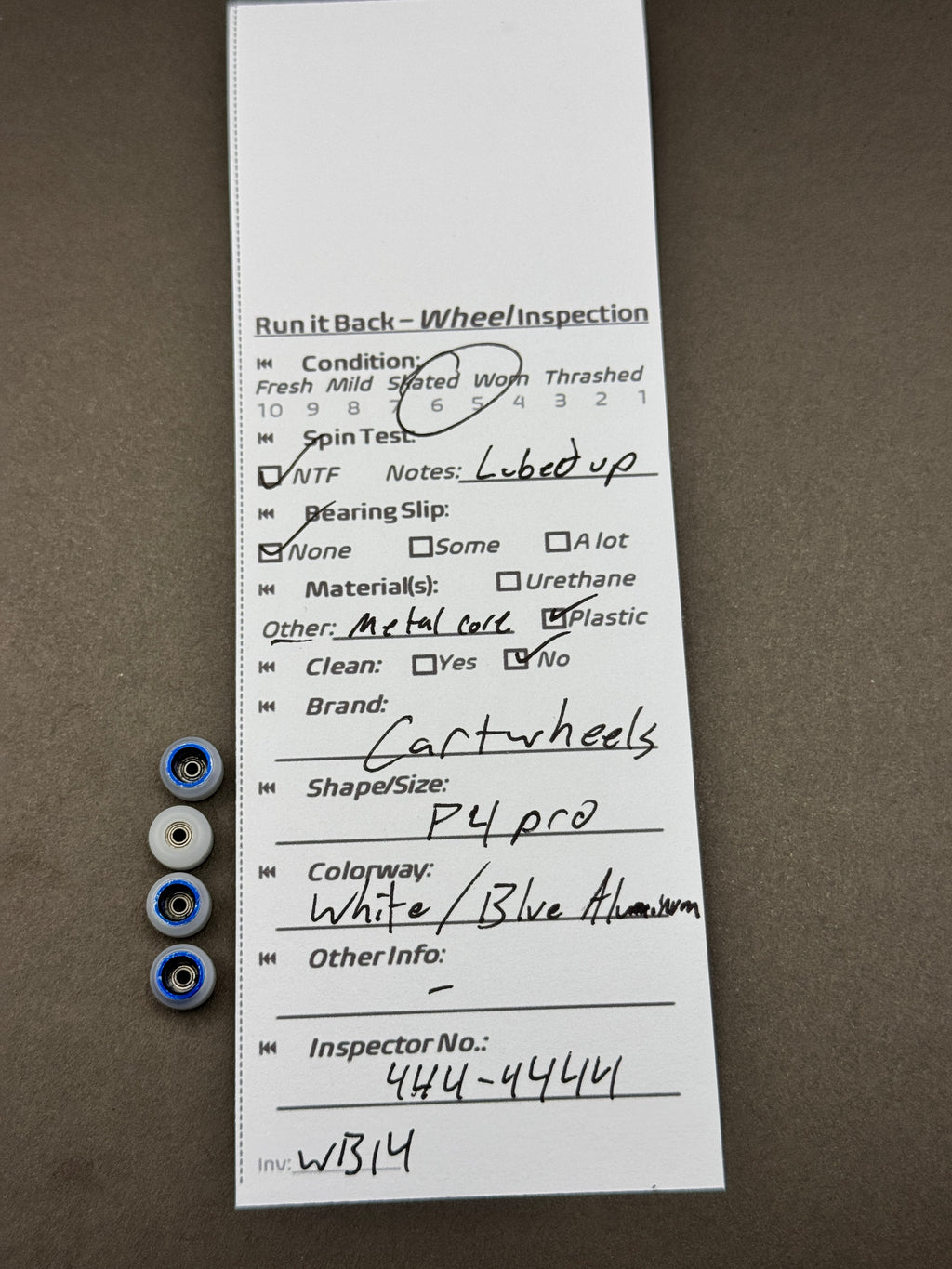 Cartwheels P4 Pro White Blue Aluminum inspection card