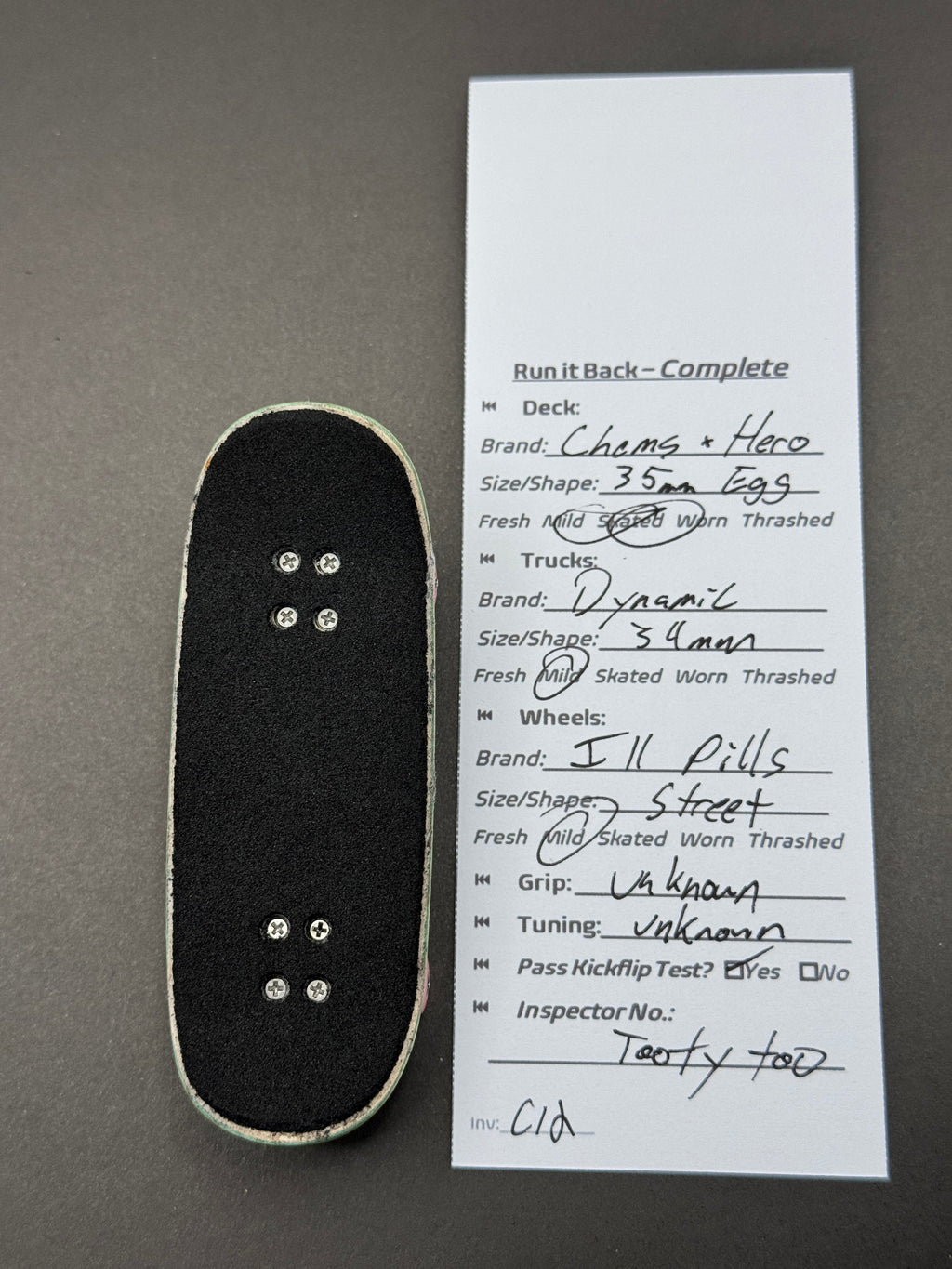 Chung + Hero complete fingerboard with Dynamic trucks and Ill Pills wheels