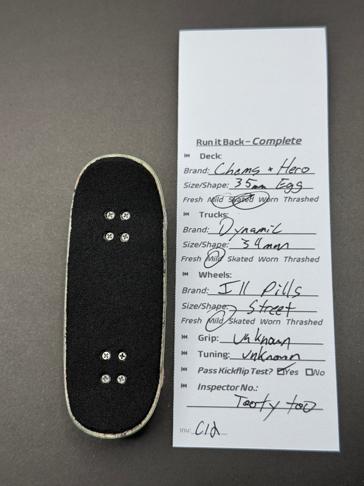Chung + Hero complete fingerboard with Dynamic trucks and Ill Pills wheels