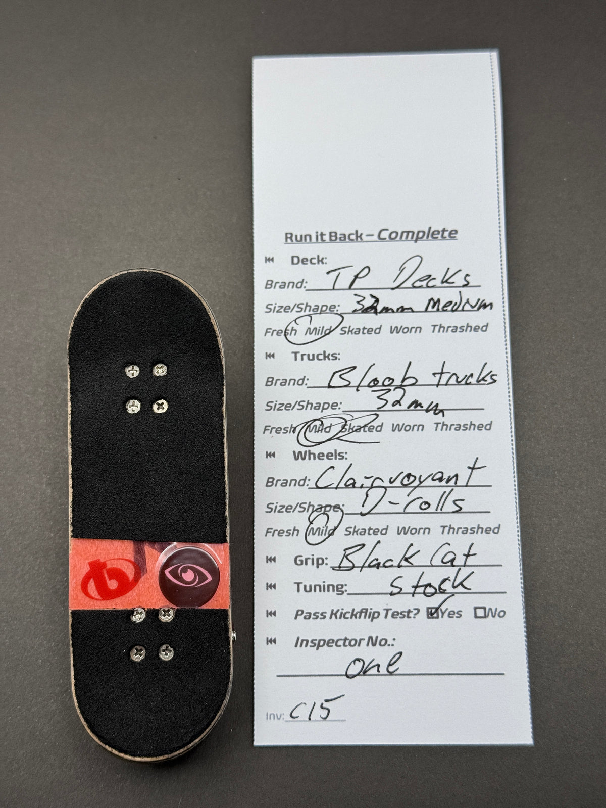 Inspection card for TP Decks complete fingerboard