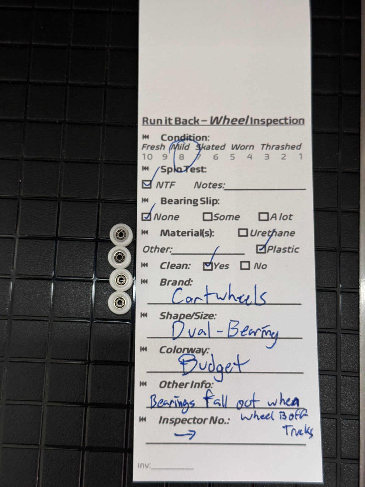Cartwheels Dual-Bearing Budget inspection card