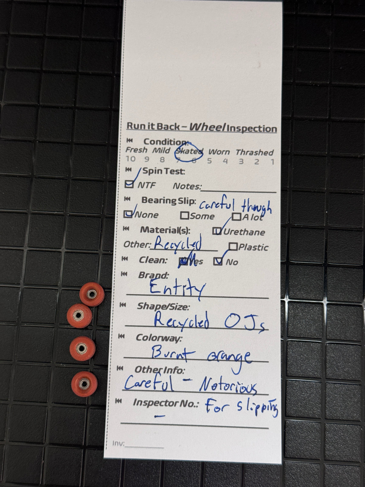 Entity Recycled OJs Burnt Orange inspection card