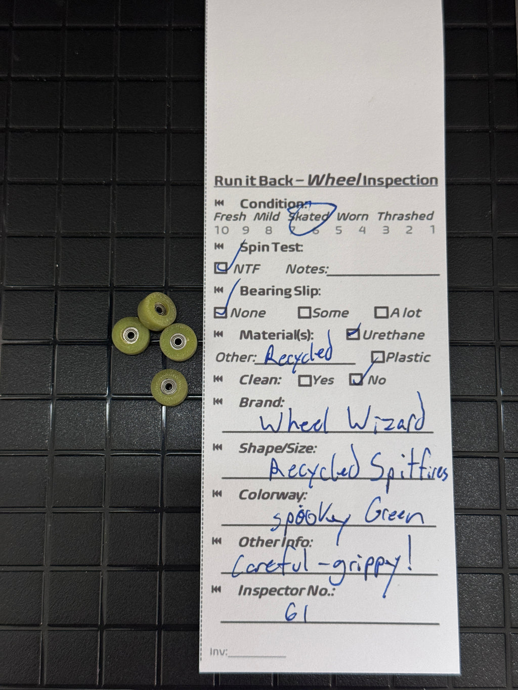 Wheel Wizard Recycled Spitfires Spooky Green inspection card
