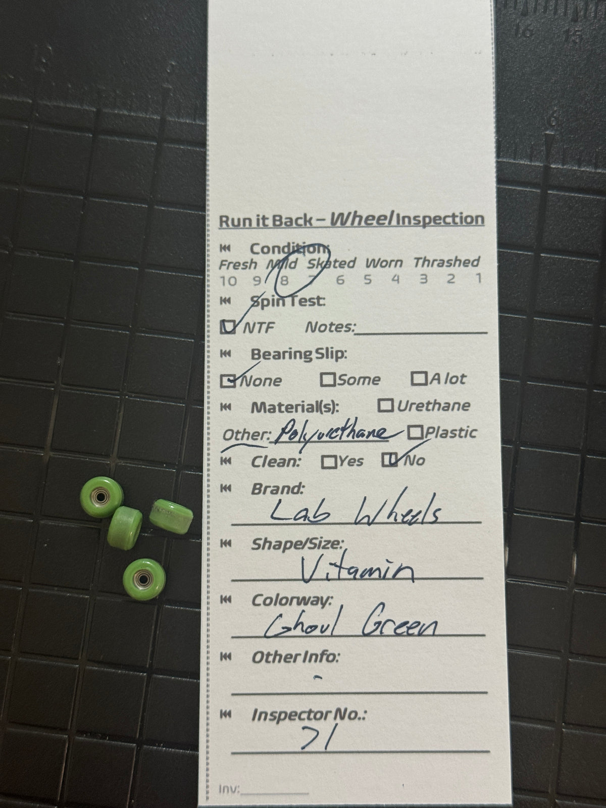 Lab Wheels Vitamin Ghoul Green inspection card